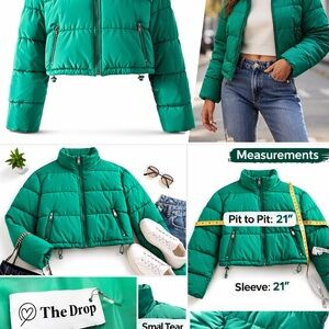 The Drop Green Cropped Puffer Jacket Womens Small Zip Up Quilted Winter Coat